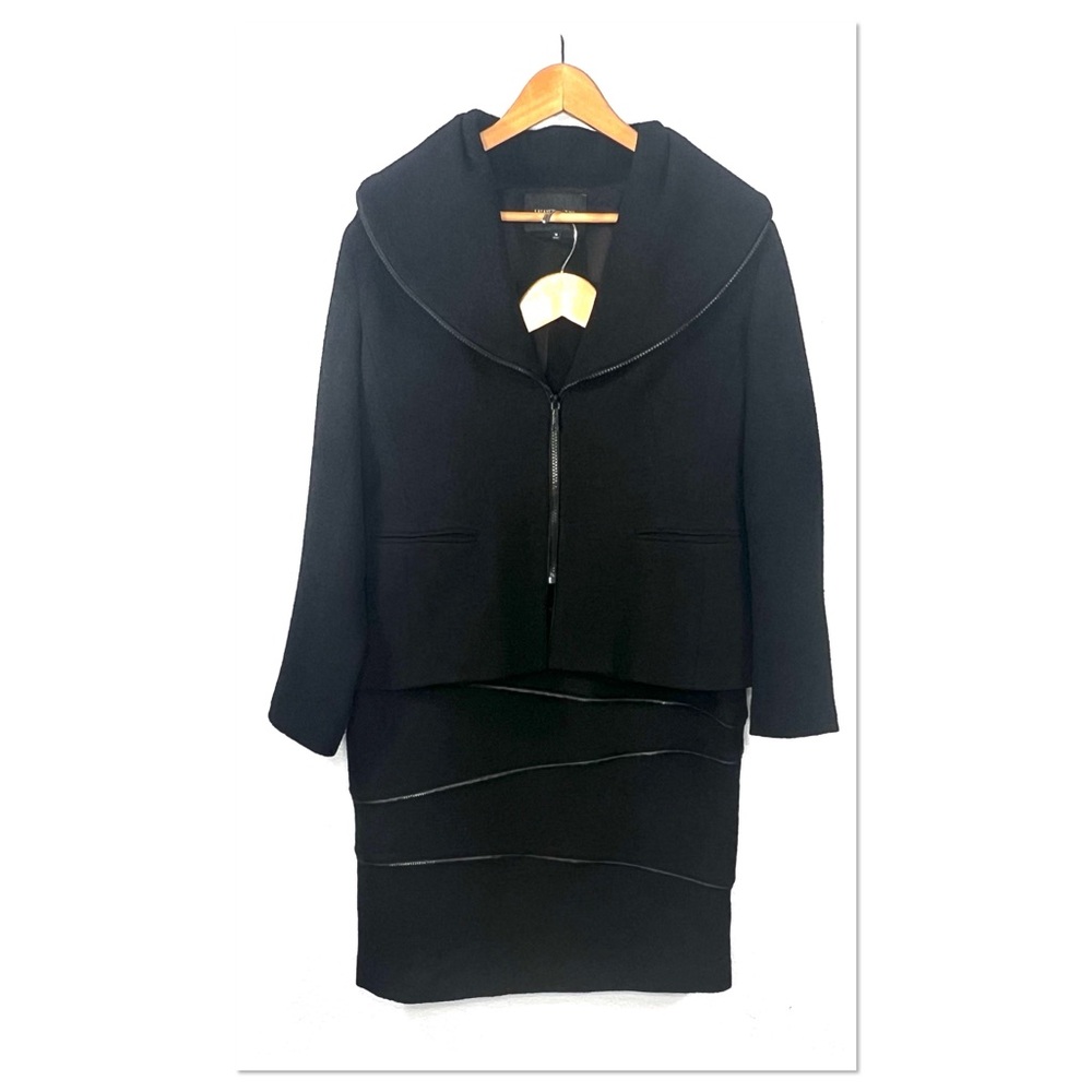 Lafayette 148 2PC Pencil Skirt Suit Zipper Embellished Sz 10 Black Wool Blend
